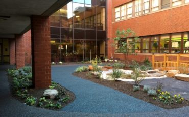 Rubber walking paths helped create a special feel for this healing garden by providing a softer walking surface for the children and therapists using the garden