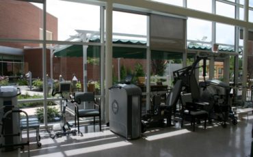 Looking out at the Physical Therapy Garden from the interior of the PT Gym at Merwick Rehabilitation